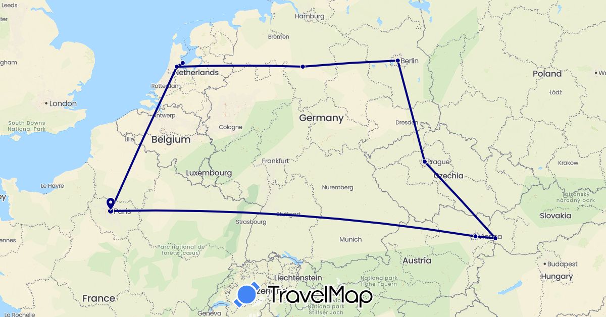 TravelMap itinerary: driving in Austria, Czech Republic, Germany, France, Netherlands, Slovakia (Europe)